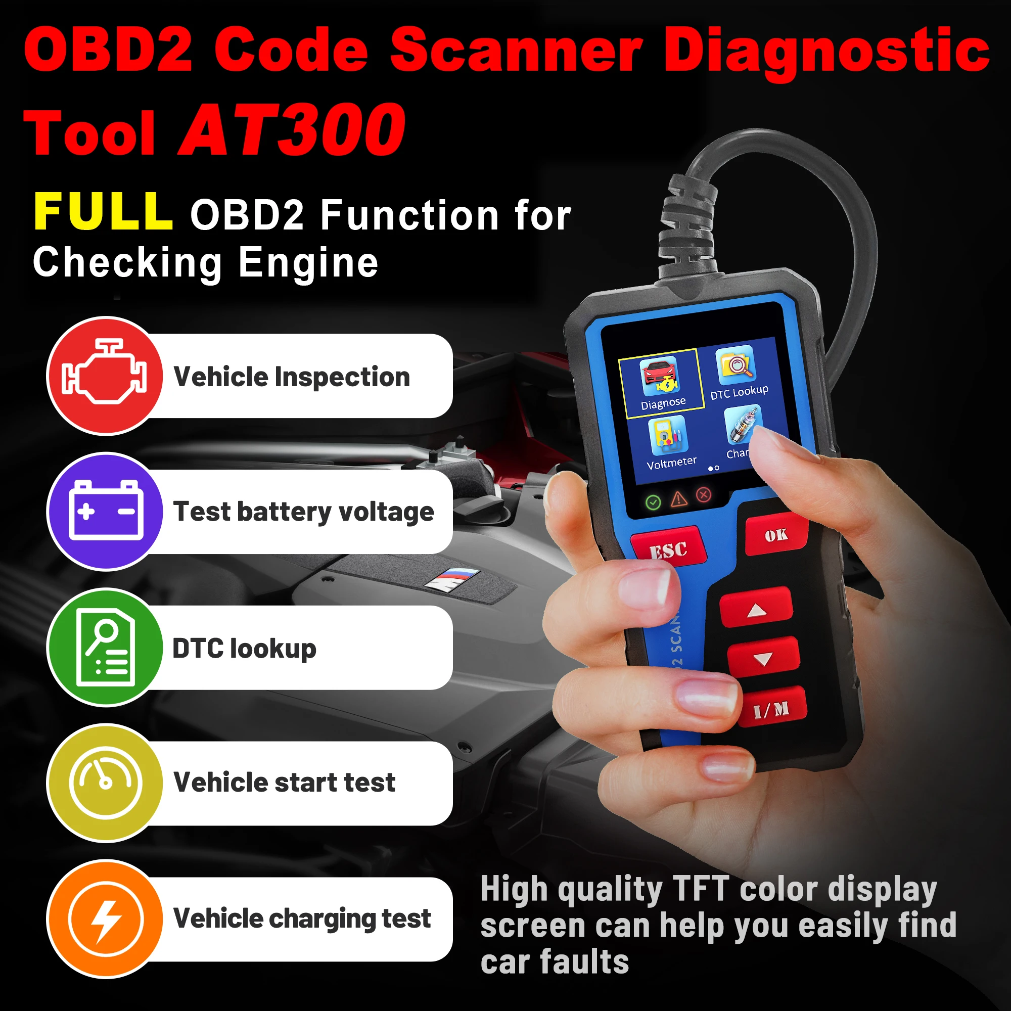 New OBDII & EOBD Code Scanner Diagnostic Tool AT300 Full OBD2 Function For Checking Engine Plug And Play Car Tools