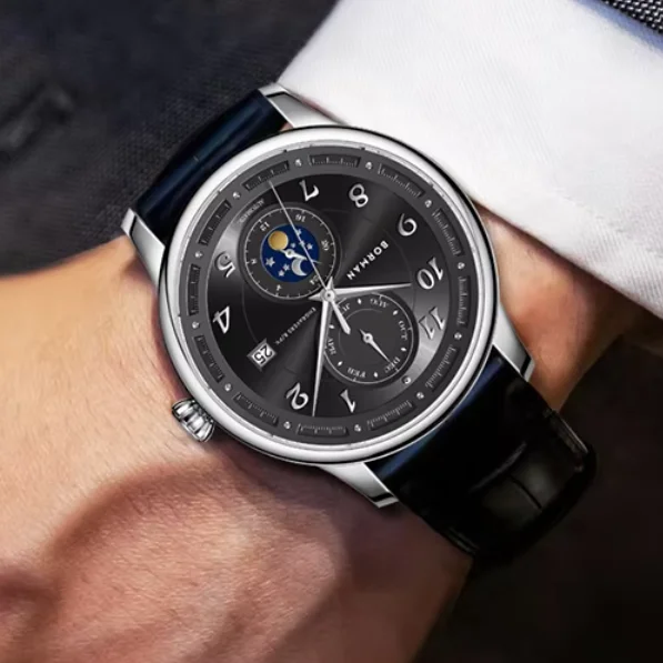 Borman Men Automatic Watch 41mm Mechanical Wristwatch 50M Waterproof Sapphire Mirror Luminous Multi-Dial Month Date 24 Hours