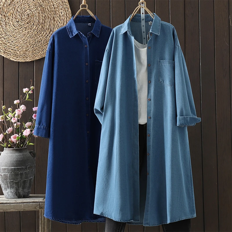 

Knee-Length Casual Denim Jaet Women's Long Sve Blue Cotton Blend Commute Sle Ciwalk Faion Autumn New Arrival