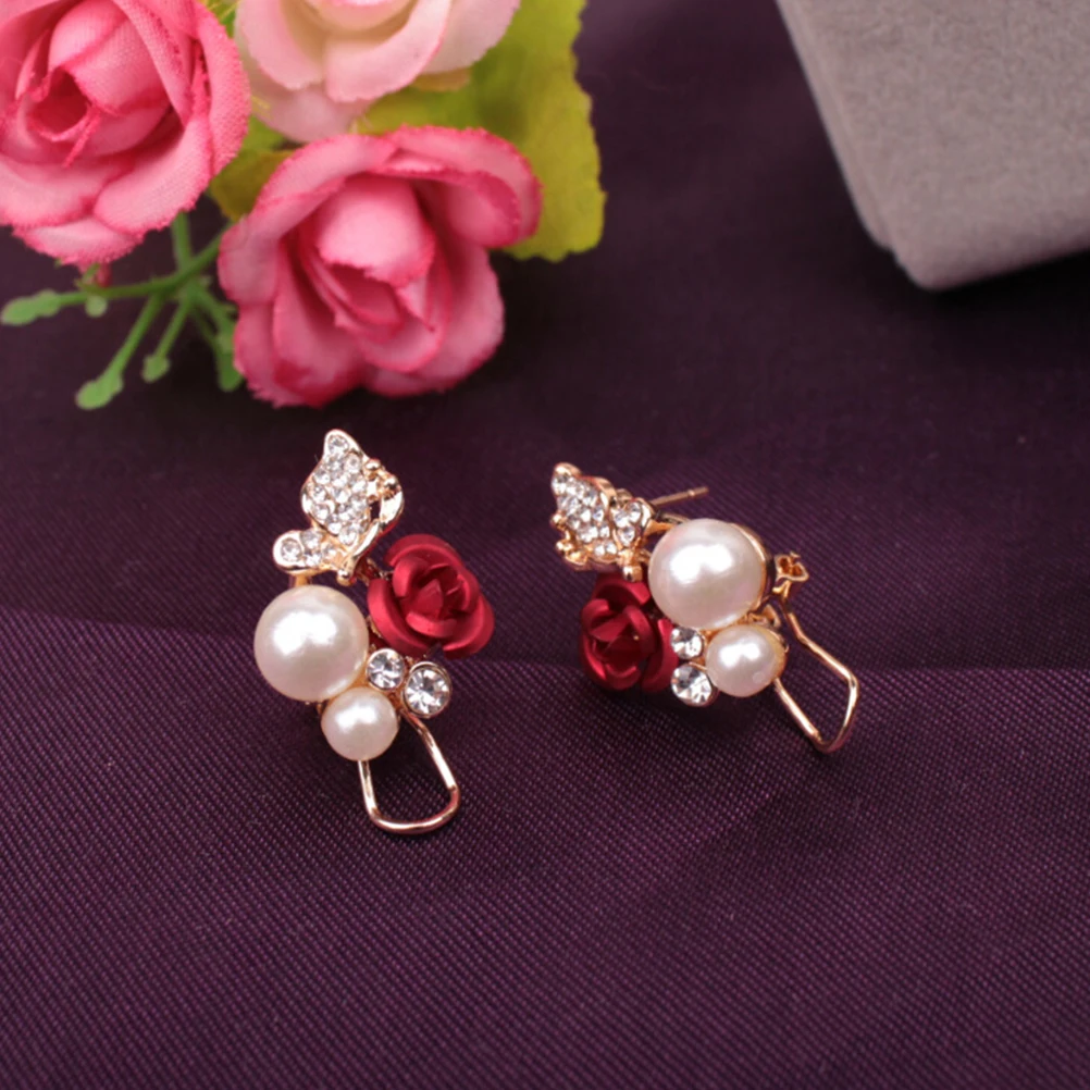 

Gorgeous Red Rose Earrings Floral Crystal Rhinestone Earrings for Women
