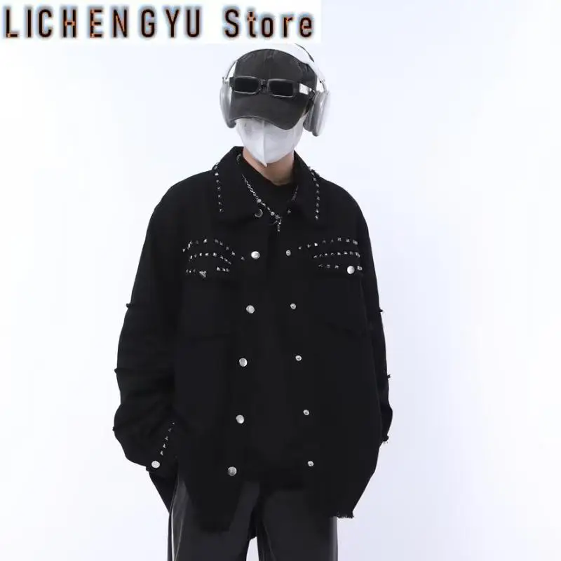 Mens Autumn Winter American Raw Edge Rivet Denim Jacket 2025 New Fashion Trend Rock Hip-Hop Biker Punk Black Jean Jacket for Men