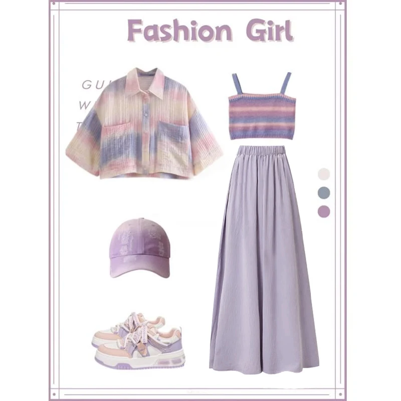 

Spring Dopne Faion Set Women's New Design ort Top Vest with High Waist f-skirt Pants Tee-piece Set Collar