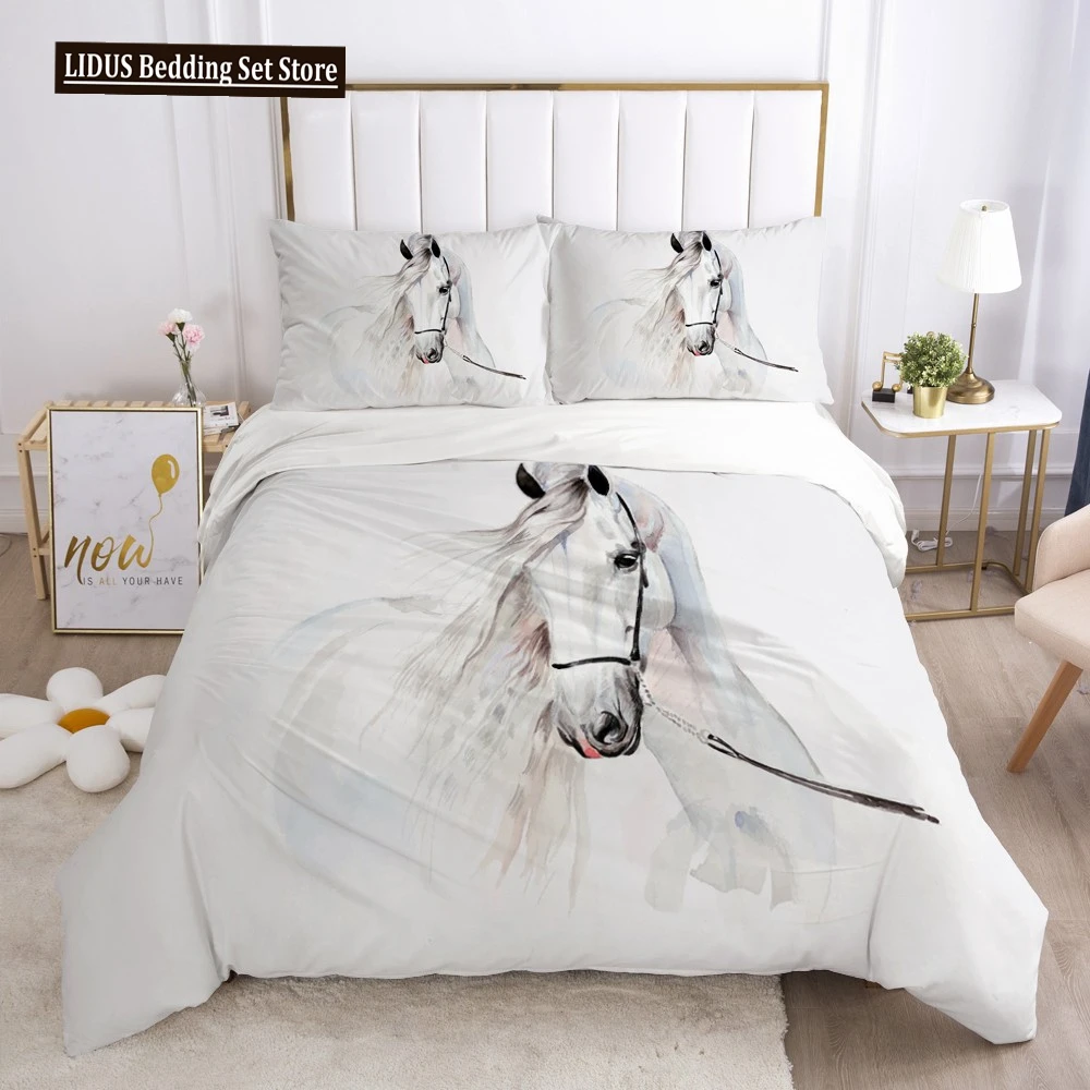 

White Horse Duvet Cover Set Queen Size 3D Steed Print Bedding Sets Wildlife Comforter Cover Animals Bedspread Cover Quilt Cover