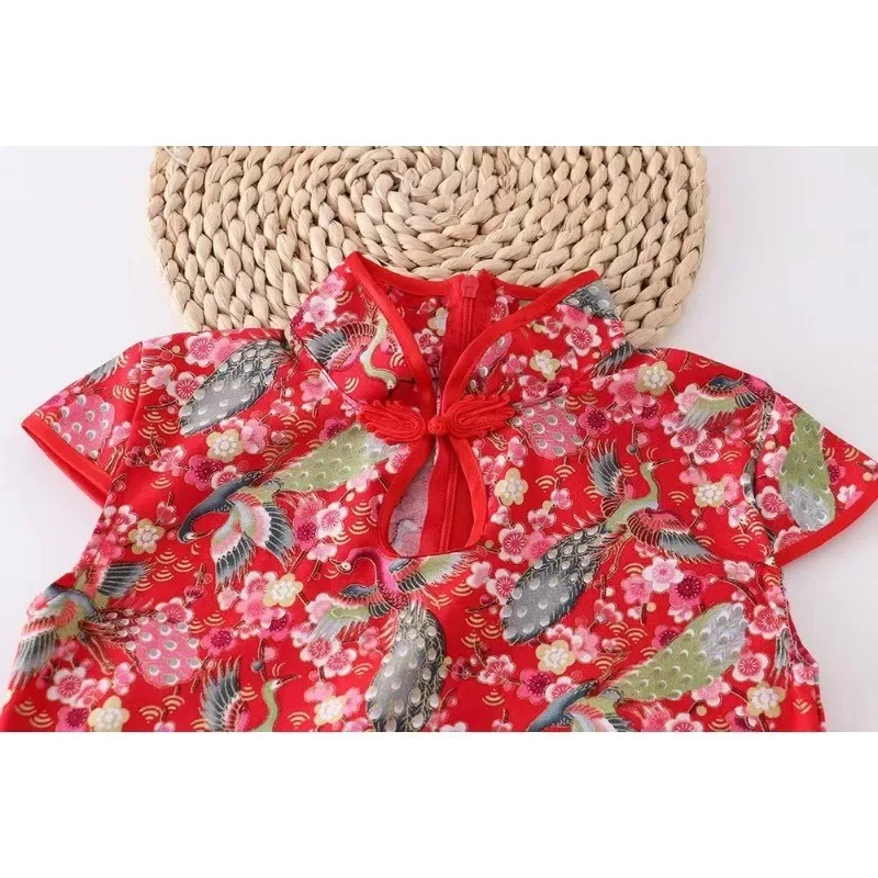 New Year Red Qipao Summer Dress Girls Fragmented Flower Clothes Girls Retro Classical New Chinese Style Print Button Dresses