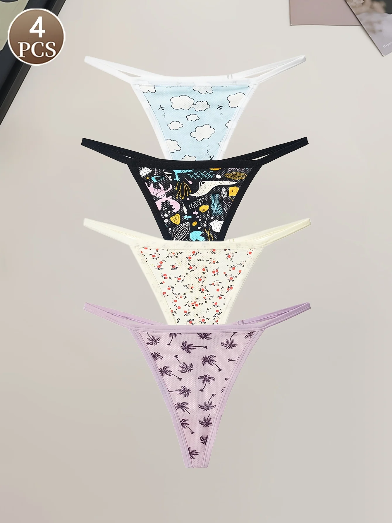 4 قطع ملابس داخلية نسائية لطيفة مطبوعة على شكل زهرة سحابة، بدون خياطة، مريحة، قابلة للتنفس، ملابس داخلية نسائية منخفضة الخصر