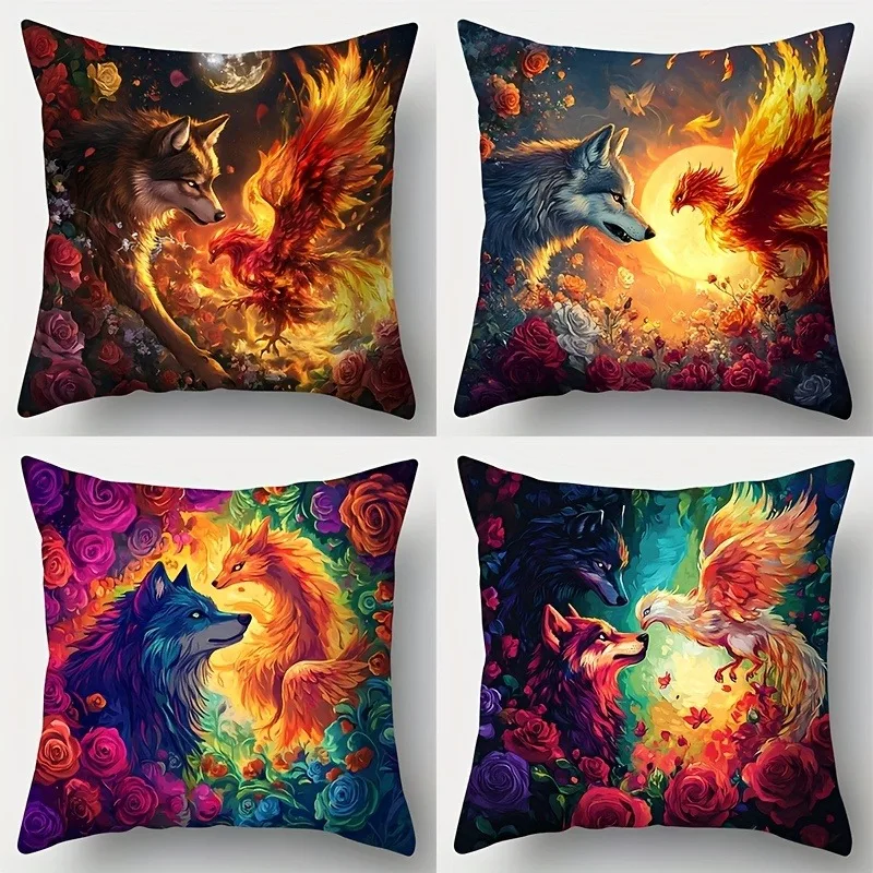 

Mythical Wolf & Phoenix Pillowcase: Vibrant Fantasy-Themed Cushion Cover for Boho Whimsical Home Sofa Decor