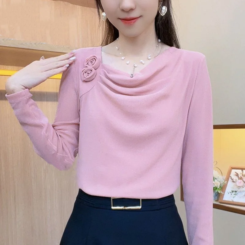 Elegant Net Yarn Thin Bottoming Shirt Spring Autumn New Long Sleeve Solid Slim Patchwork Tops Temperament Fashion Women Clothing