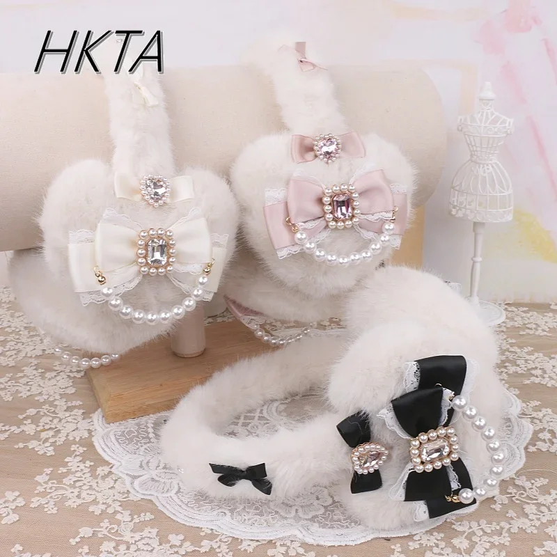 Handmade Japanese Liz Sweet Mine Series Hairy Big Love Bow Warm Ears Ear Protector Female Lolita Girls Winter New Warm Earmuffs