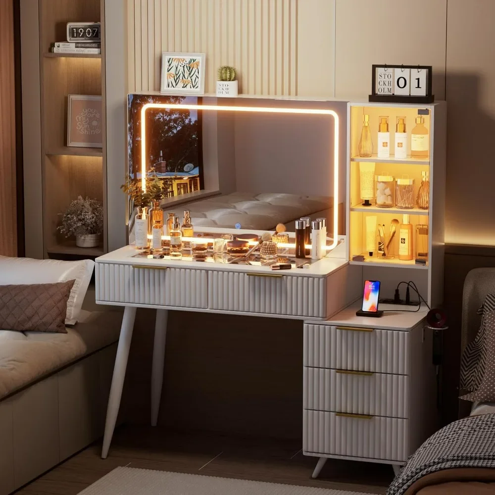 Meja Rias Rias dengan Cermin, 5 Laci, Penyimpanan Geser Perhiasan Terpasang Di Dinding, 3 Rak, Meja Rias Besar Atas Kaca Modern