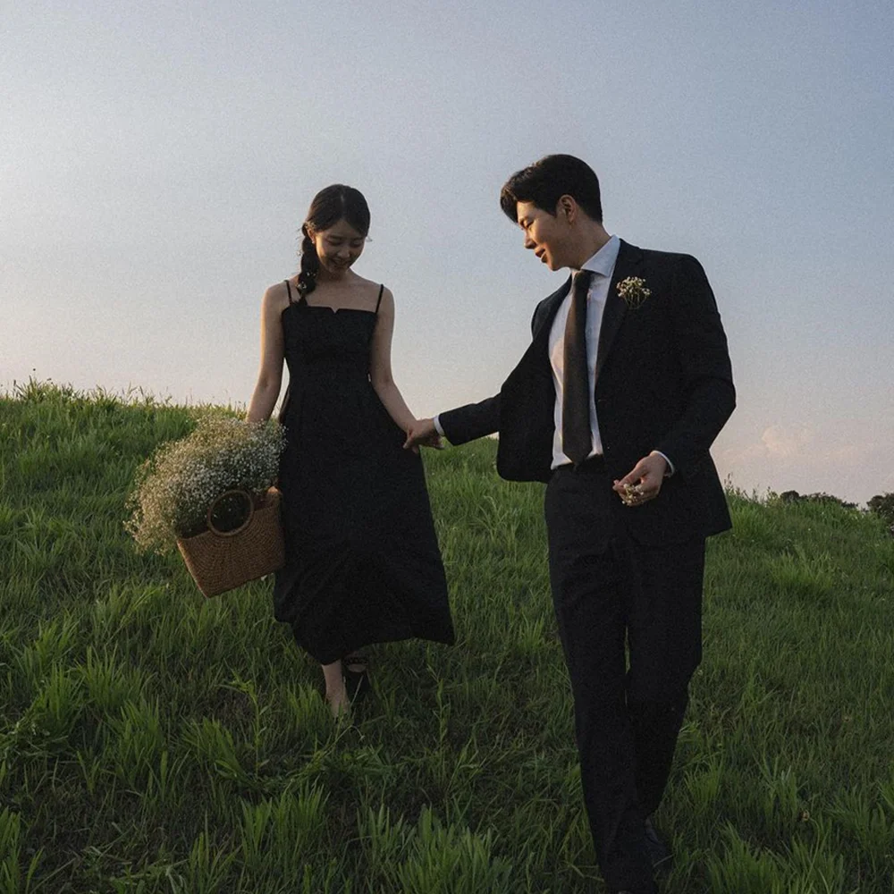 Vestido de novia de línea A negro Simple de lujo, sesión de fotos de Corea, correas de espagueti, tafetán, longitud de té, hecho A medida