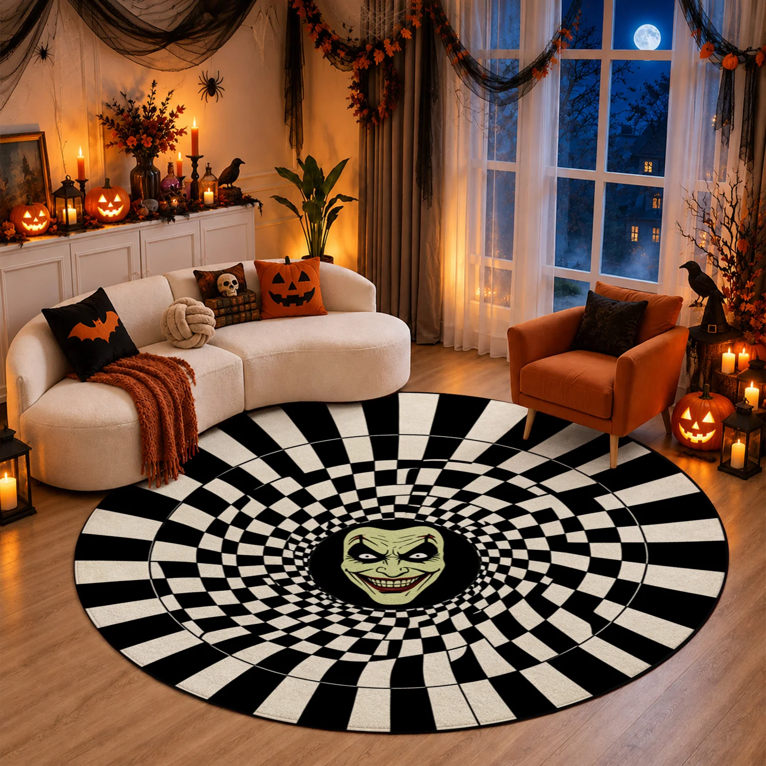 Joker Face Spiral Checkered Round Velvet Rug Machine Washable for Living Room Bedroom Entryway Halloween Thanksgiving Black Friday Christmas New Year