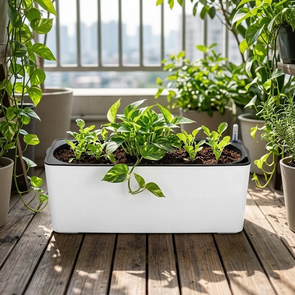 Indoor Rectangle Flowerpot with Self Watering Mechanism and Transparent Water Level Gauge 40x13x13cm for Desk Use
