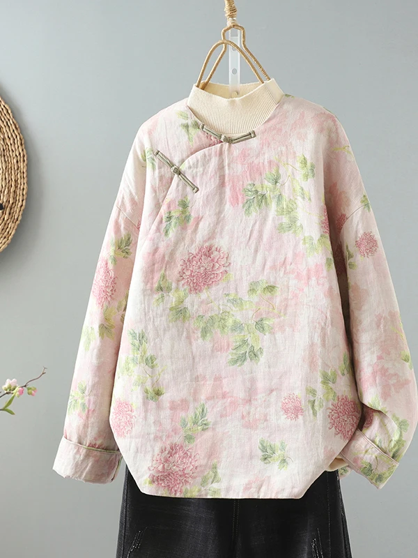 

Fre винтажная зимняя хлопково-льняная куртка женская одежда на пуговицах Све с цветочным принтом Ne Thiened Commute Sle