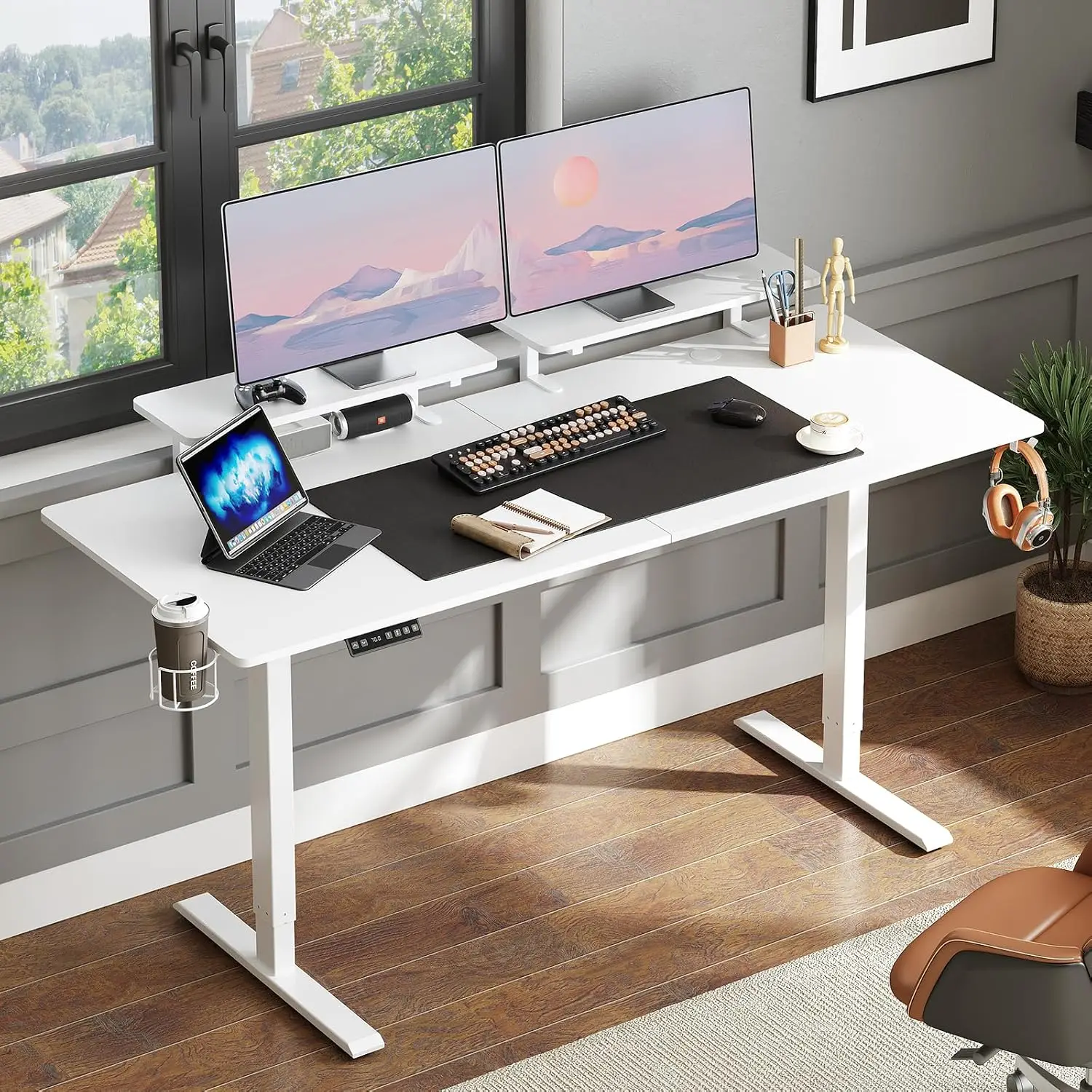 Electric Standing Desk with Dual Monitor Shelves, 71x24 Inch Height Adjustable 28-46 Inch Memory Controller Workstation, White,