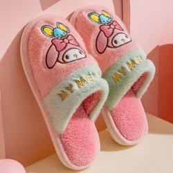 Genuine Sanrio My Melody Hello Kitty Plush Slippers Kuromi Warm Winter Indoor Slippers Flat Casual Non-slip Girl Home Shoes