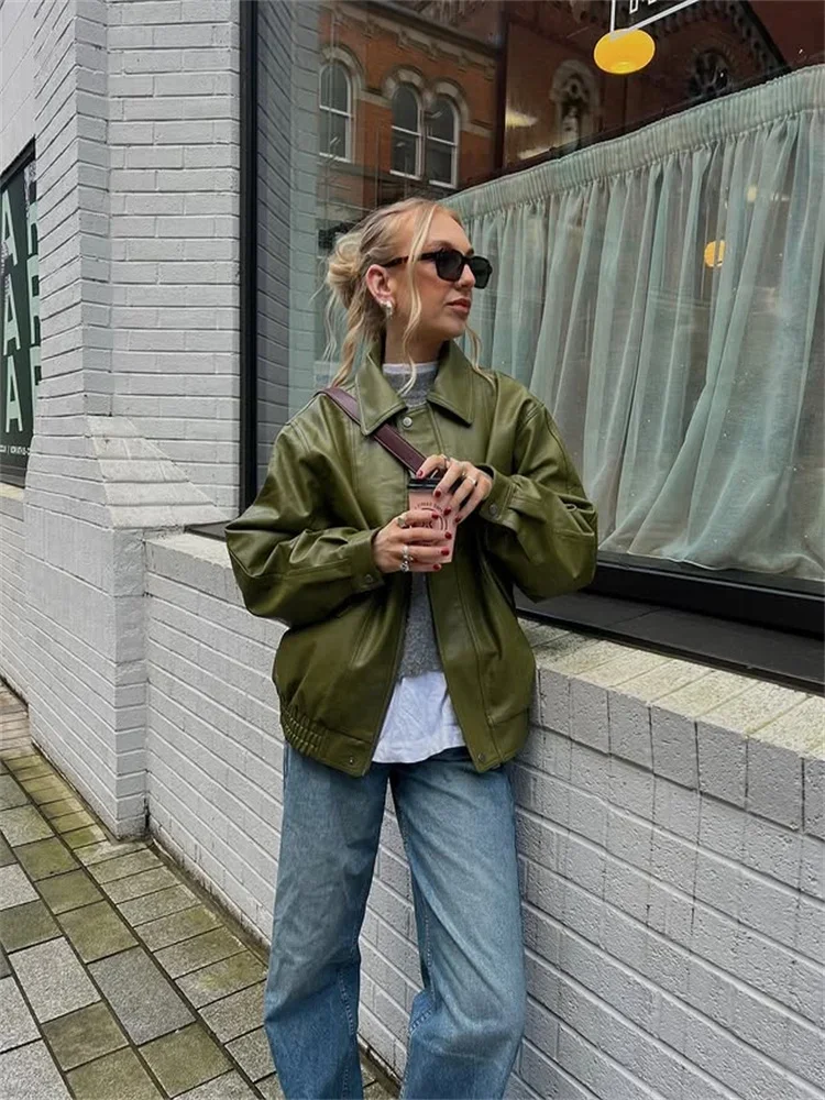 Chaqueta de cuero PU con cremallera para mujer, abrigo corto Retro verde de manga larga con solapa, moda femenina, prendas de vestir exteriores de calle para primavera y otoño