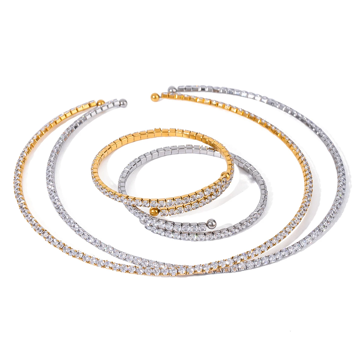 Minimalist 18K Gold Plated Stainless Steel White Zircon Full Zirconium Triple Layer Bracelet Collar ​omen Statement Jewelry