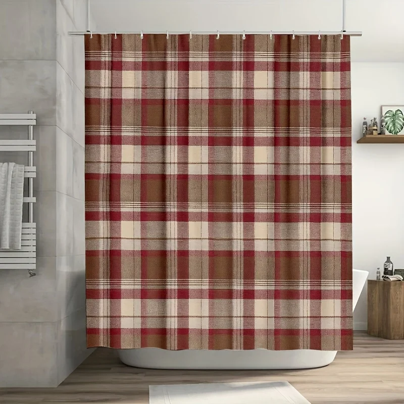 

Cozy Plaid Pattern Shower Curtain Red Beige Tartan Check Bathroom Waterproof Home Decor Liner