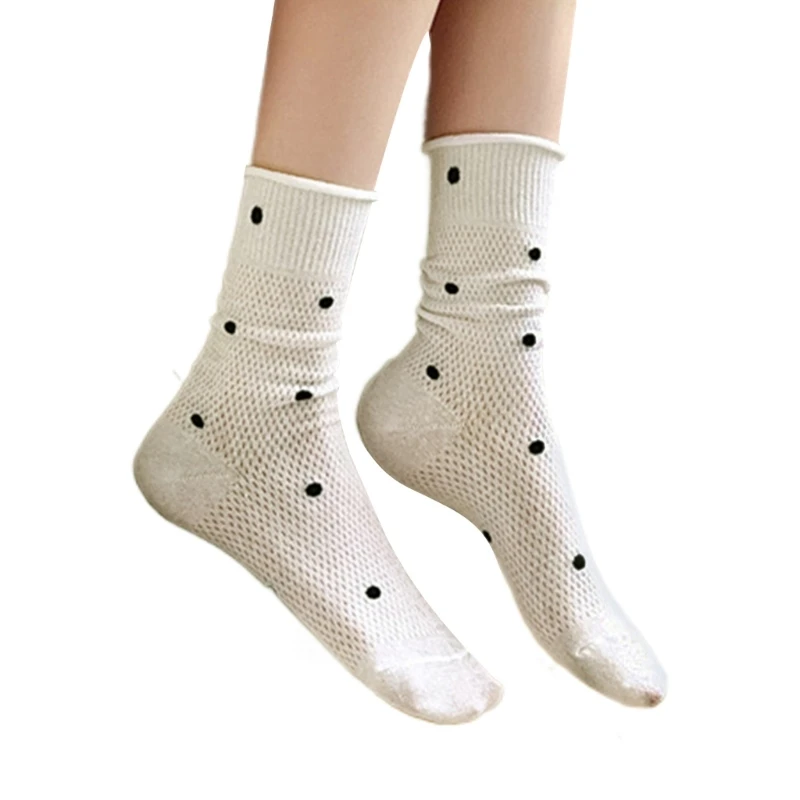 Calcetines algodón calados estéticos para mujer, calcetines con patrón puntos, puños enrollables, calcetines