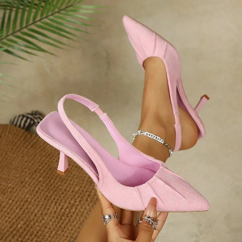 Summer New Pleated Design Pointed Toe Women's High Heels 2026 Fashion Simple Closed Toe Slingback Women Shoes Сандали Женские
