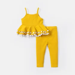 PatPat 2pcs Baby Girl Solid Cotton Ribbed Layered Ruffle Hem Pom Poms Cami Top & Leggings Set Suitable for Summer Season