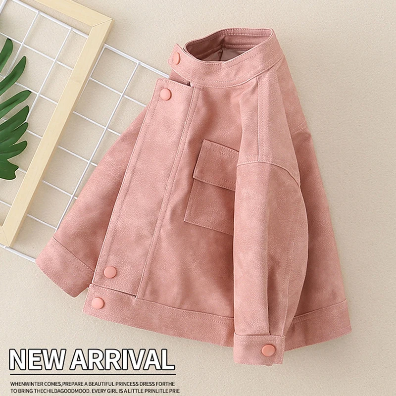 123  Girls Leather Jacket Spring Autumn Solid Color Stand Collar Single Breasted Motorcycle Girls Coat For Stylish Outwear 2-10Y