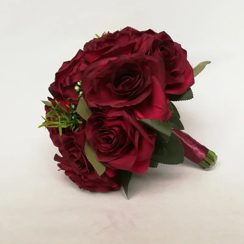 Flower Bouquet Silk Rose Flower Dark Red Bouquet Burgundy Brides Bridesmaids Bouquet wedding Flower