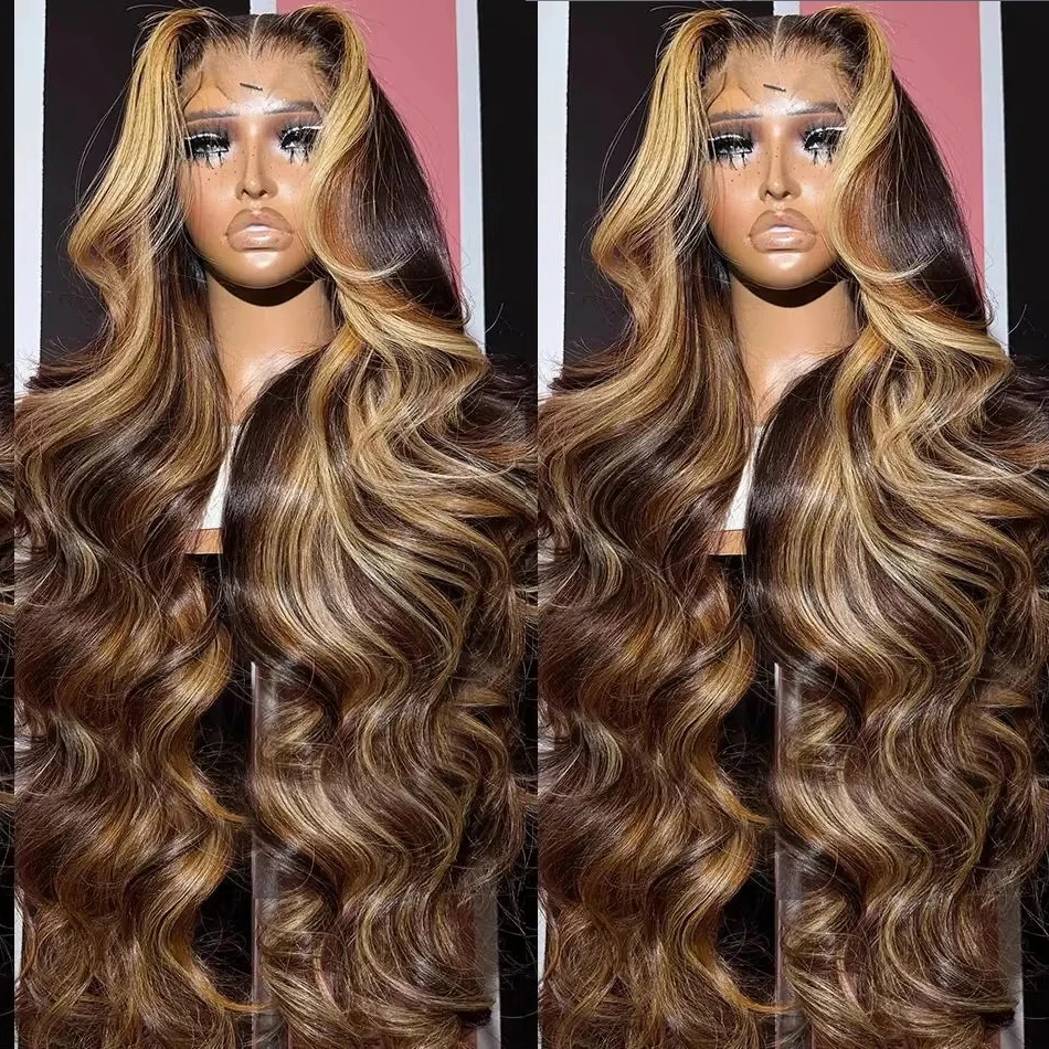 

30 38 Inch 4/27 Highlight Body Wave 13x6 Human Hair Lace Frontal Wigs 180 Density Ombre Colored HD Lace Front Wig For Women
