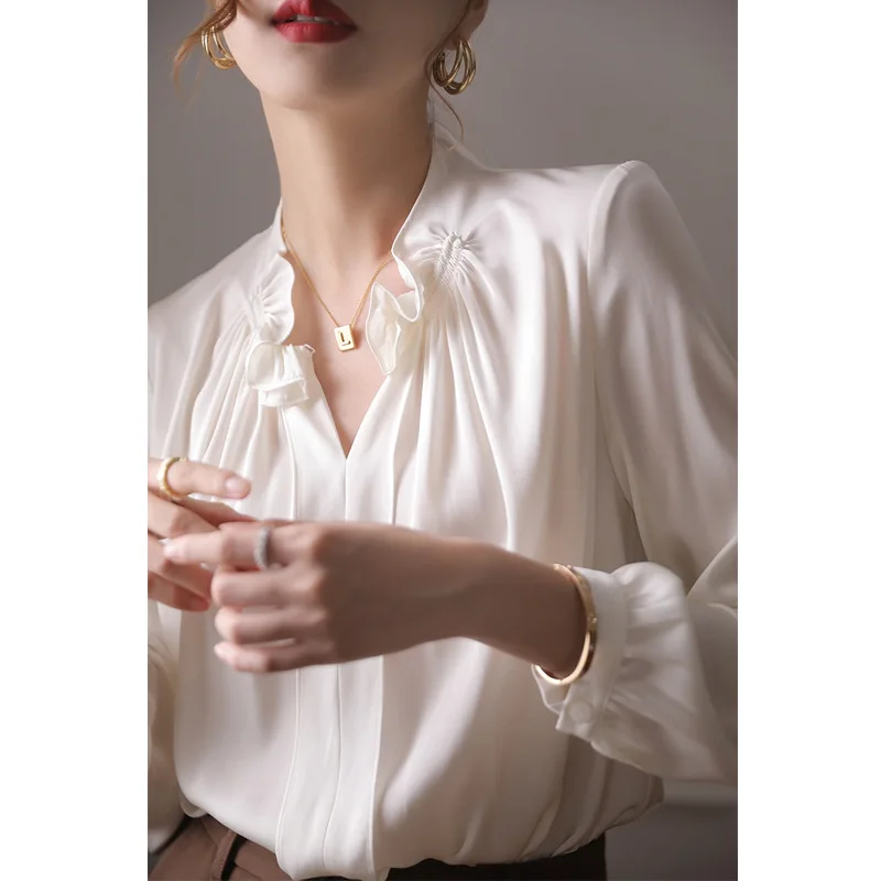 

Women Blouse 2026 Spring Autumn New Women's White Silk Shirt French Style Ruffle Trim Long Sleeve Blouse Unique Design