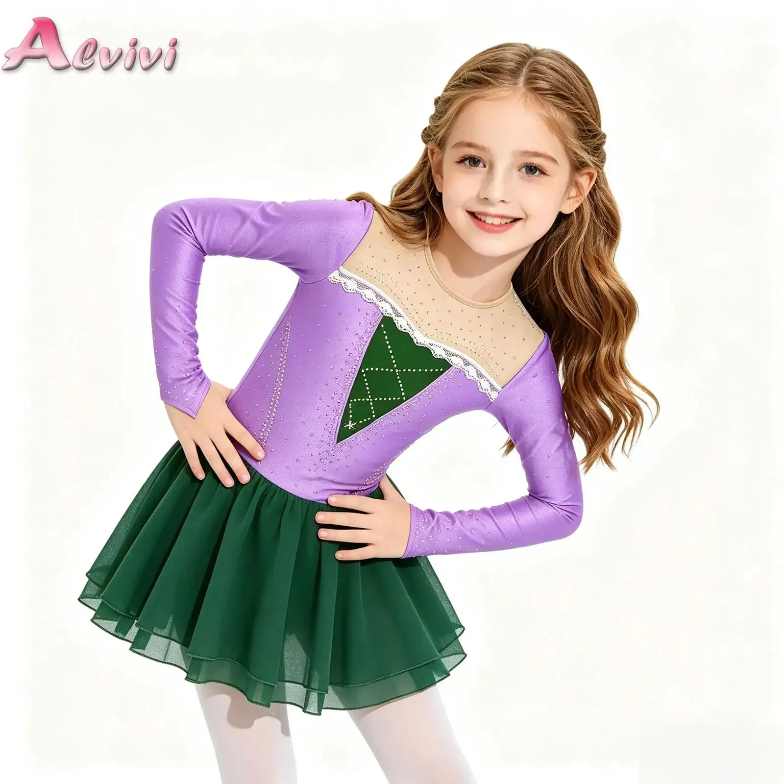 

Kids Girls Princess Figure Skating Dance Leotard Dress Long Sleeves Shiny Rhinestones Lace Ballet Tutu Dress Lyrical Dancewear