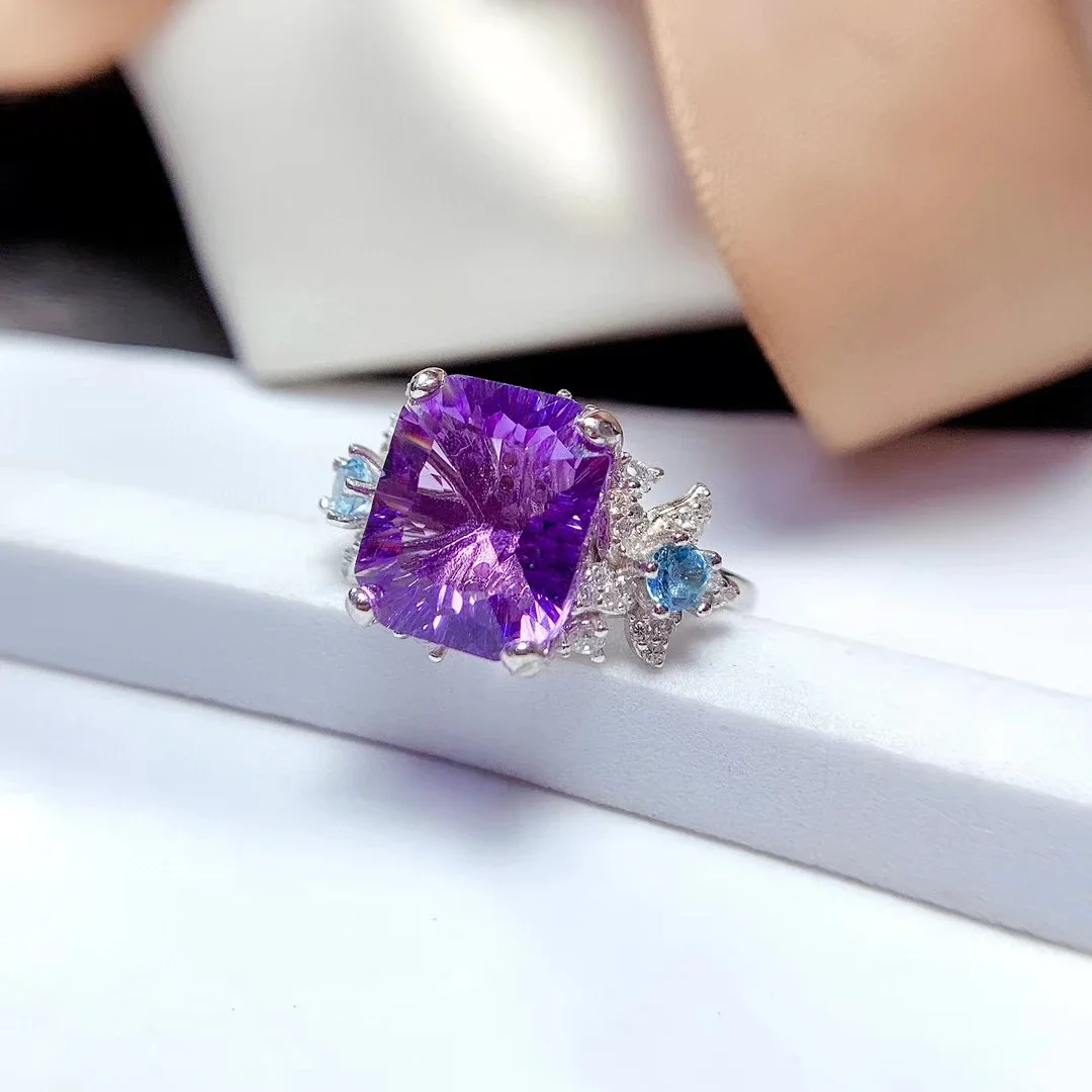 Brilliant Natural Amethyst Ring for Party 10mm*12mm 6ct VVS Amethyst 925 Silver Ring with 3 Layers 18K Gold Plating Keep Shining