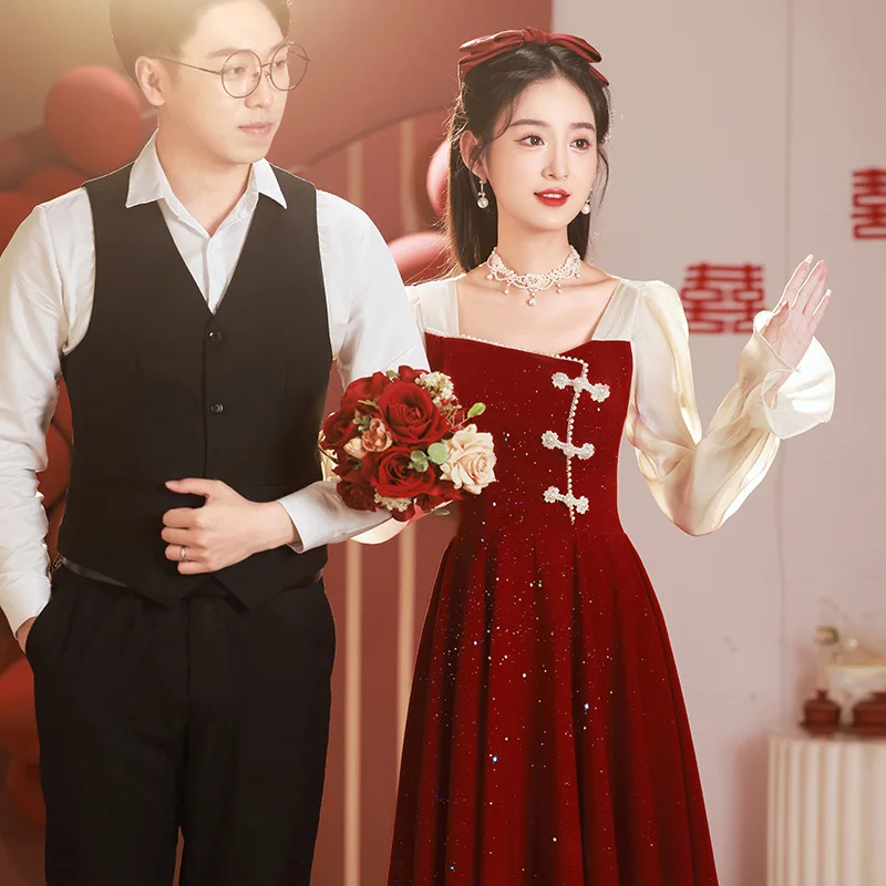 Elegant Woman Chinese Traditional Res Dress Vintage Princess Dress for Part Oriental Wine Red Cheongsam Bride Wedding Qipao