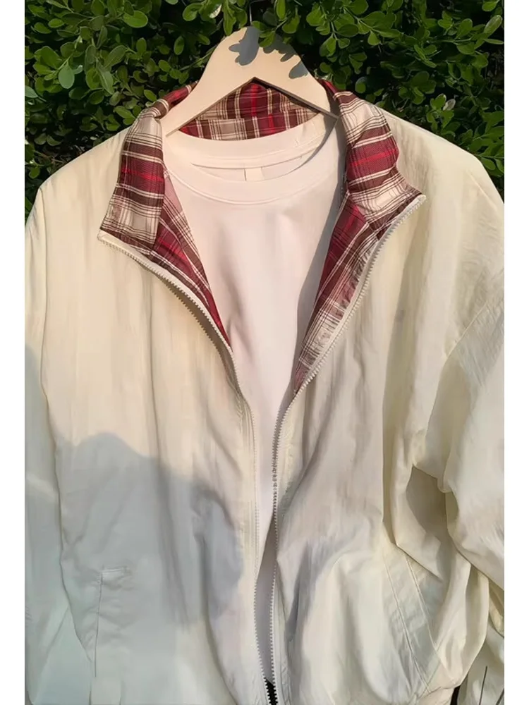 

Ice Blue UPF50+ Summer Lightweight Plaid Splice Stand Collar Men's And Women's Sun Protection Jaet Casual Faion Outerwear