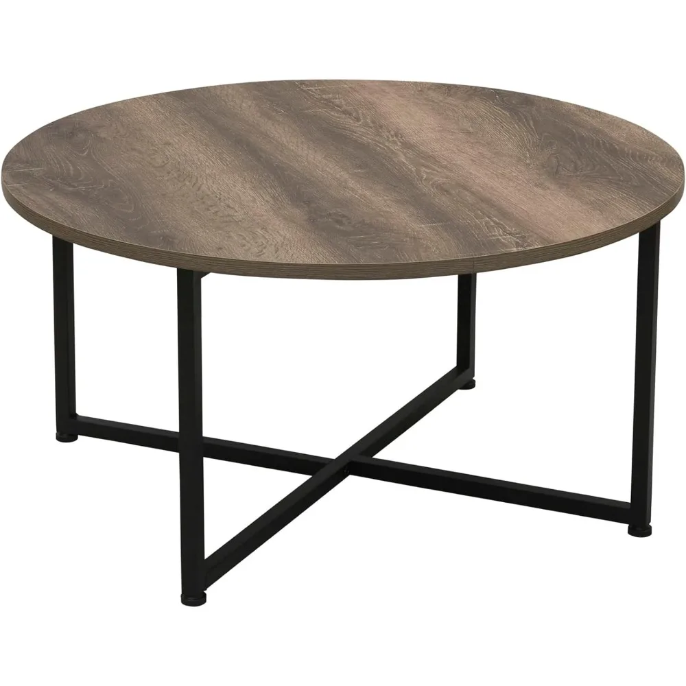 Jamestown Round Coffee Table Ashwood Rustic Wood Grain and Black Metal 31.5 X 31.5, Taupe,Round Coffee Table