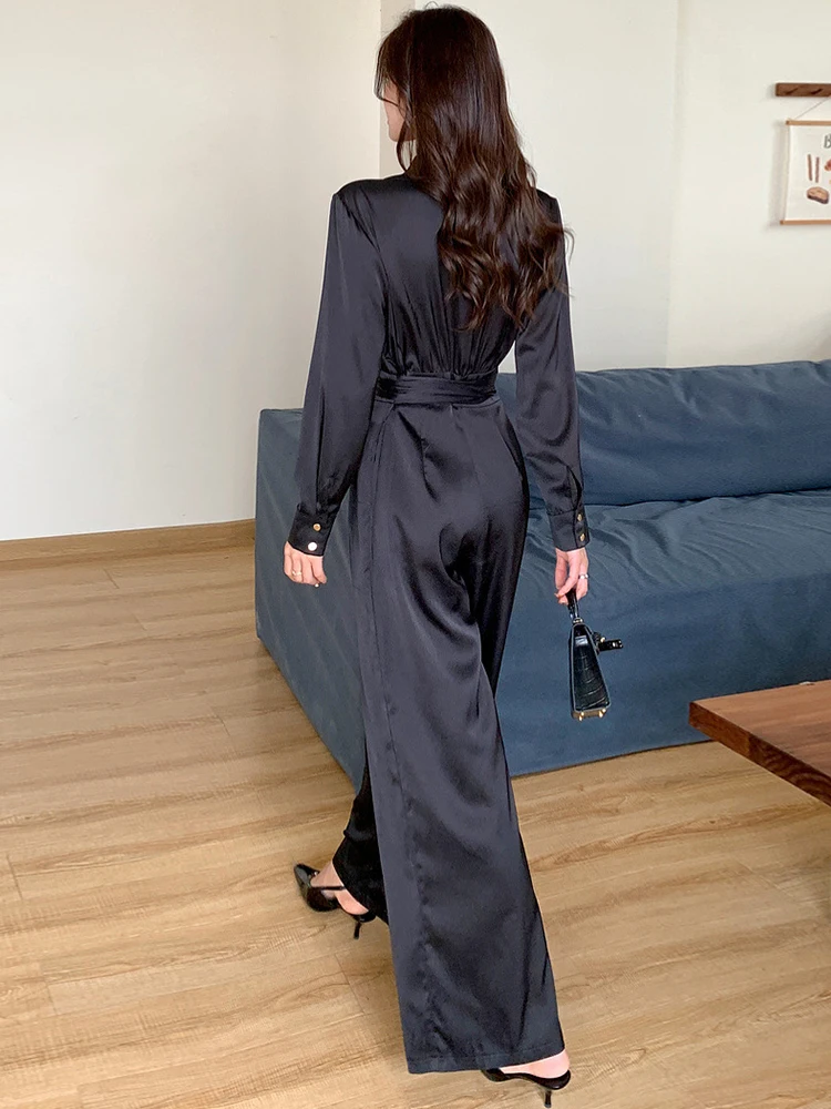 New Spring Autumn Vintage Black Casual Long Jumpsuits Women Clothes Elegant Lady Formal Lapel Long Sleeve Wide Leg Loose Rompers