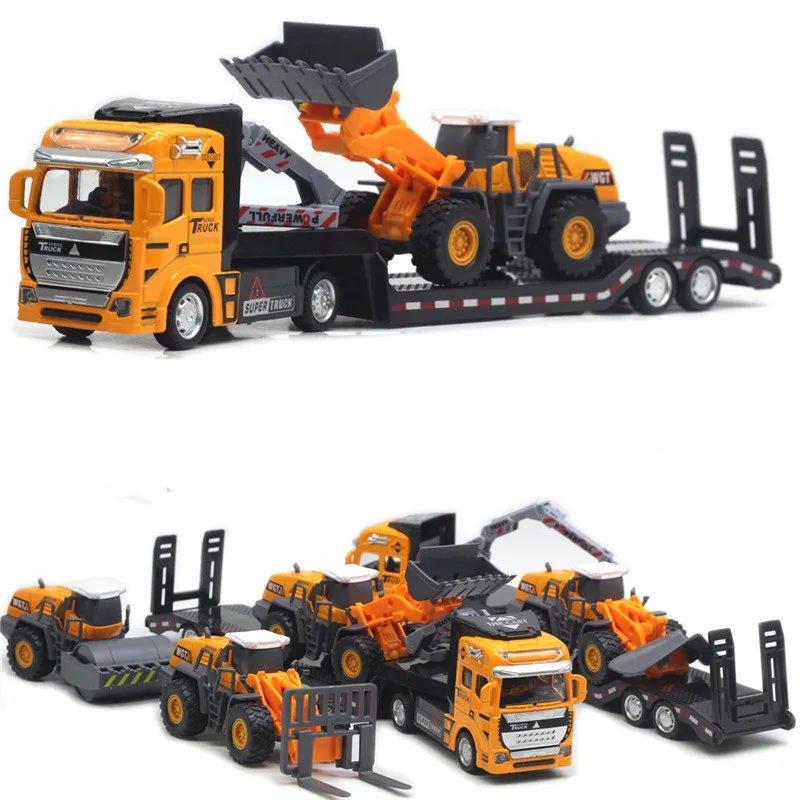 New 1:50 alloy flatbed truck transporter model,simulation trailer engineering vehicle toys,excavator roller toys,wholesale