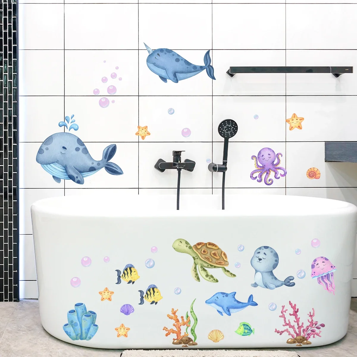 1Pc Whales Turtles Dolphins Cartoon Marine Animal Wall Stickers for Bathroom Bathtub Kids Baby Room Decor Bedroom Decoration