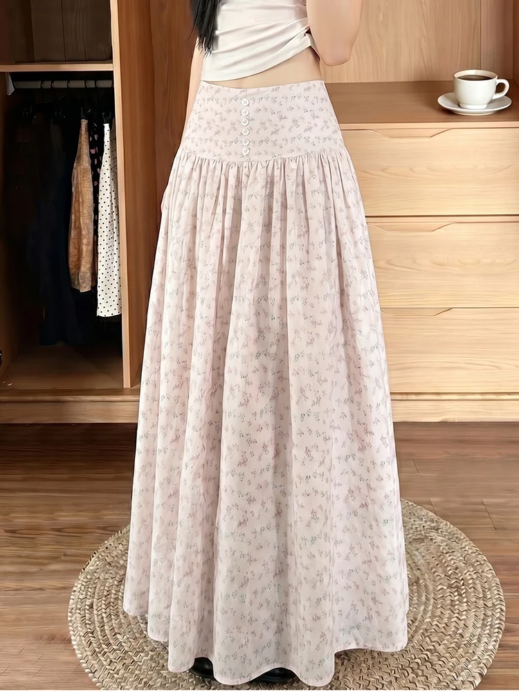 Floral Sweet Long Skirts Women Loose Fashion Preppy Style Elegant Skirt Summer Casual Buttons Female Cute Chic A Line Skirt New