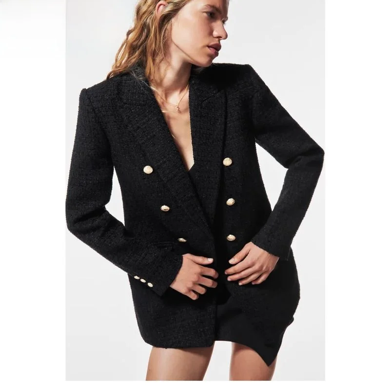

2023 Autumn Texture Button Decorated Small Fraance Sle Suit Jaet Loose Fit Long Sve V-Ne Double Breasted Pure Color