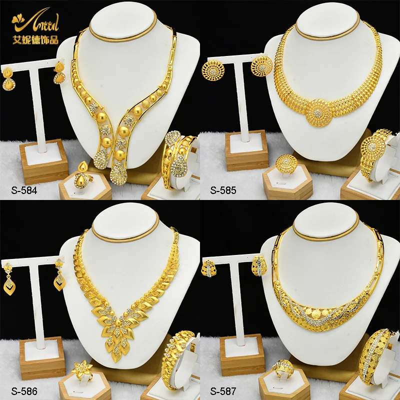 4sets Indian Jewelry Set Gold Color Bridal Wedding Ethiopia Dubai Nigerian African Necklace Earrings Bracelet Ring Jewellery Set