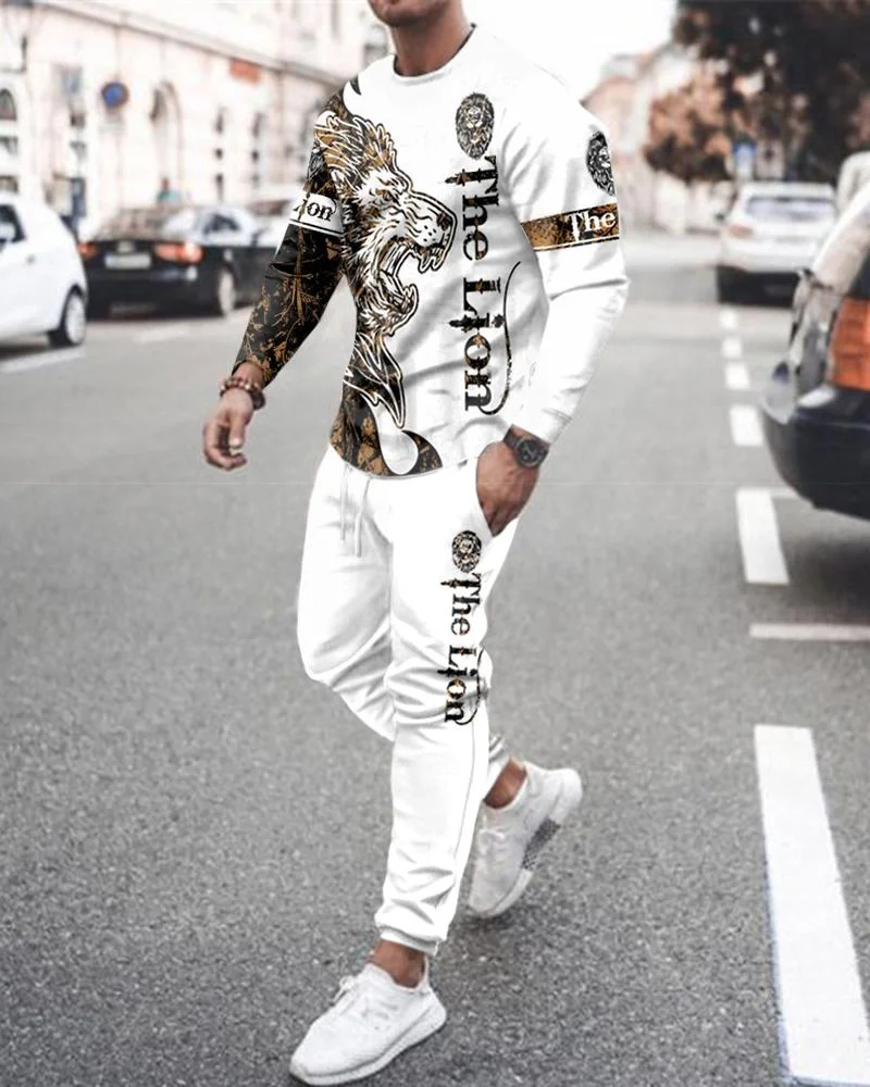 Tracksuit O Neck Loose Clothes Man Long Sleeve Shirt Set 2 Piece Spring/Autumn Sports Suit Casual Streetwear 3D Lion Printed