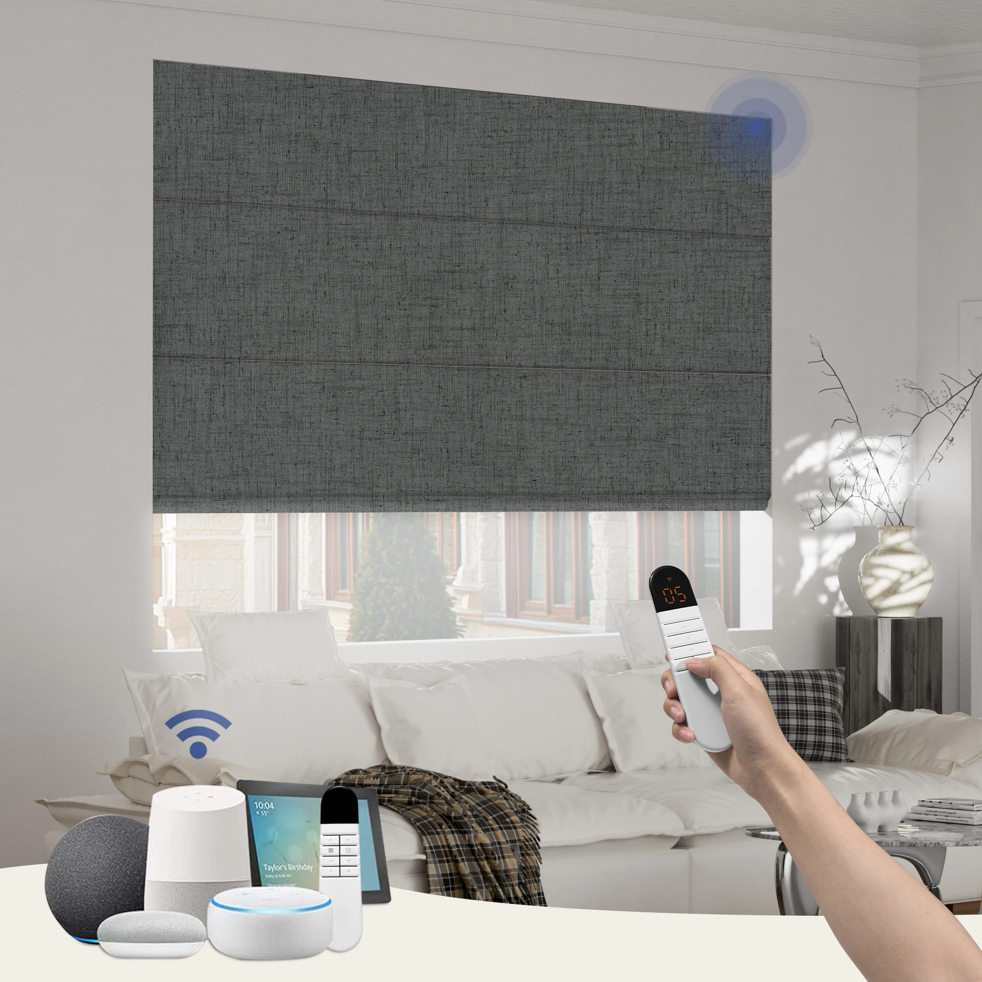 Pocageum Custom Size Color Smart Electric Roman Blinds Wifi Remote Control Blackout Window Shades for Home Bedroom Living Room