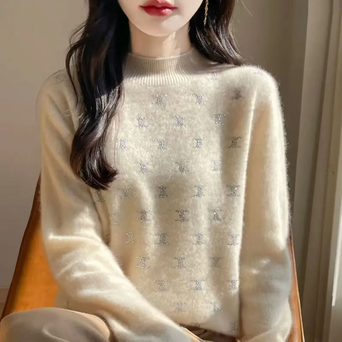 Women Mock Neck Rhinestone Knit Sweater Long Sleeve Soft Warm Glitter Pullover Jumper Elegant Tops For Autumn Winter Office Wear