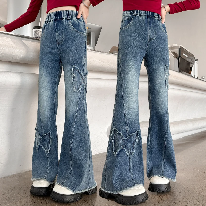 New Retro Children High Street Bootcut Butterfly Jeans For Girls y2k Slim Fit Micro-Flared Denim Pants Kids Elegant Trousers