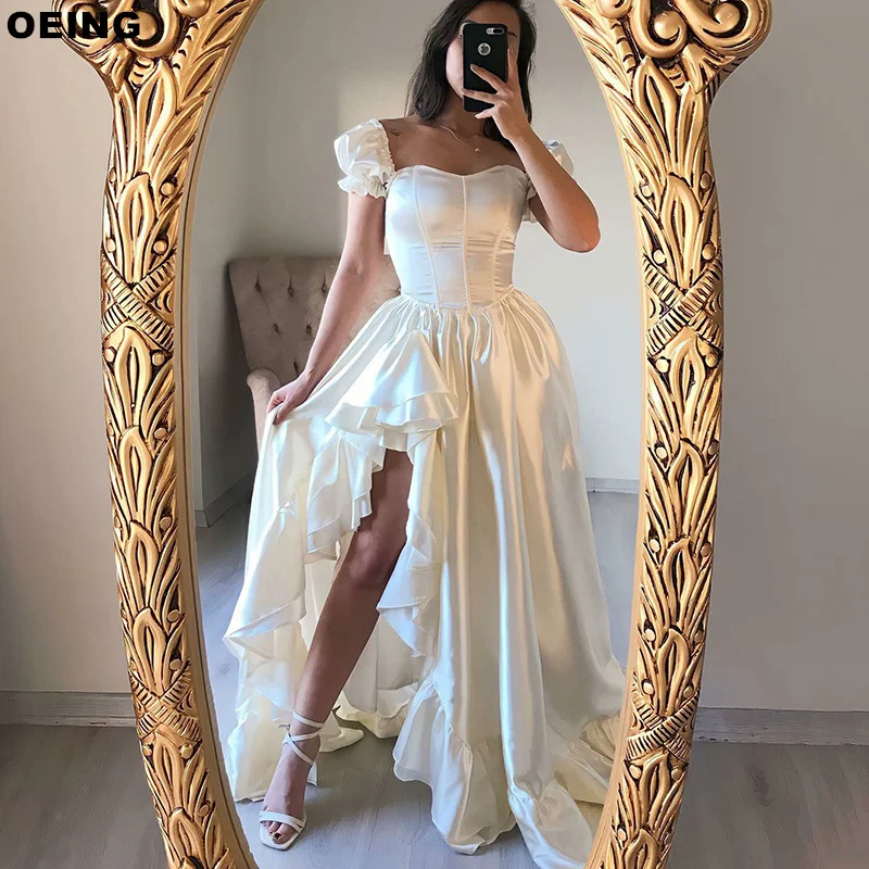 

OEING White Simple Prom Dresses Elegant High Slit Ruffles Puff Sleeves Evening Dress Special Occasion Gowns Vestidos De Novia