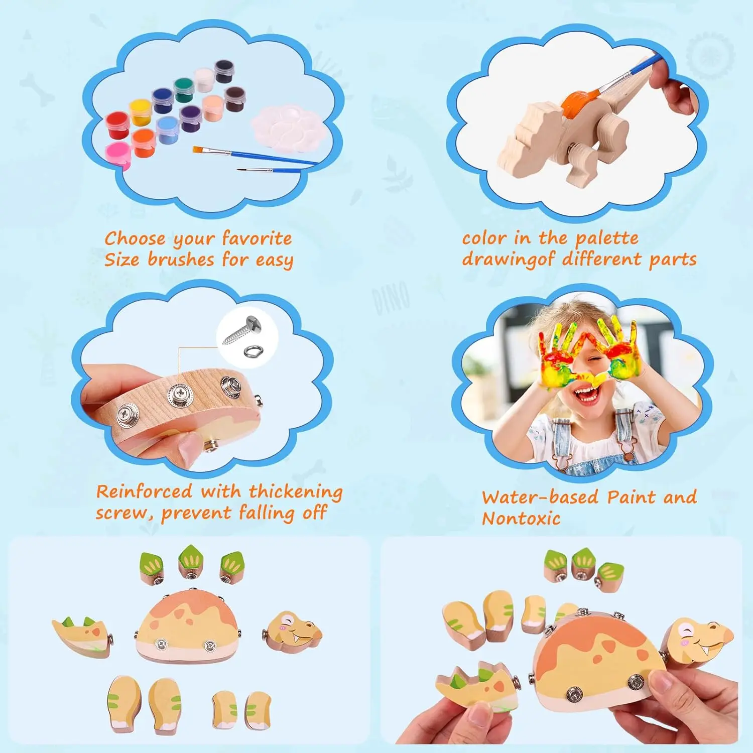 Blocs de construction en bois à connexion instantanée, jouets dinosaures pour enfants de 3 à 5 ans, Kit d'artisanat de construction et de peinture avec peintures, 45 pièces pour enfants