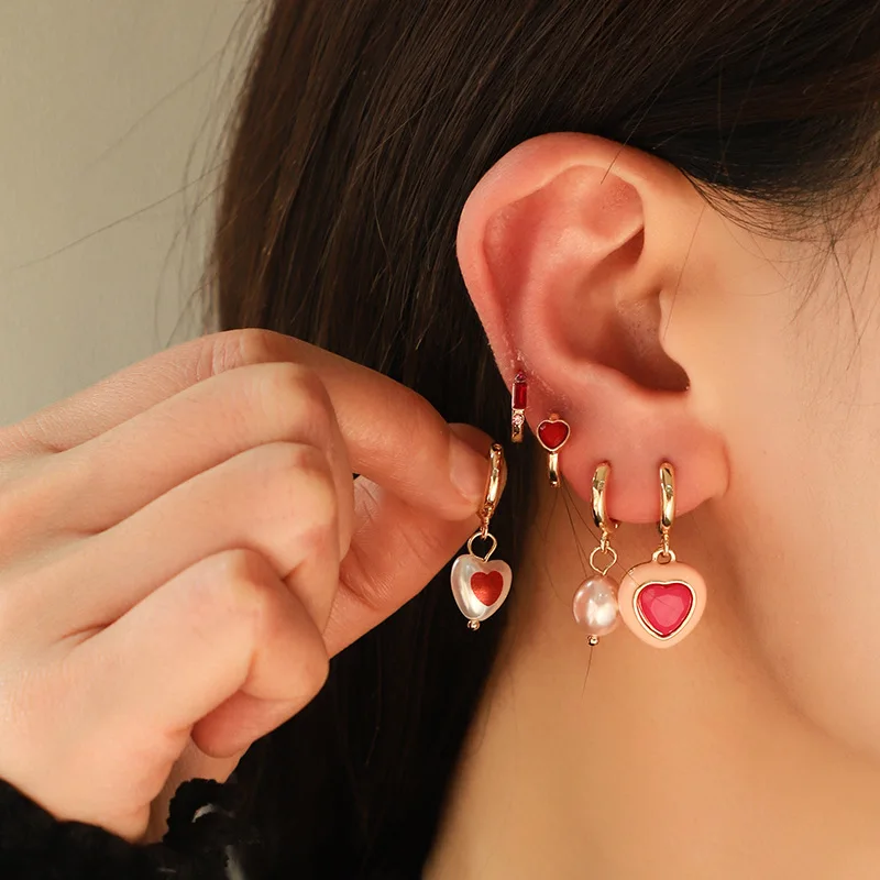Pink oil drop love earrings set, small and exquisite fashion new trendy light luxury high-end earrings party