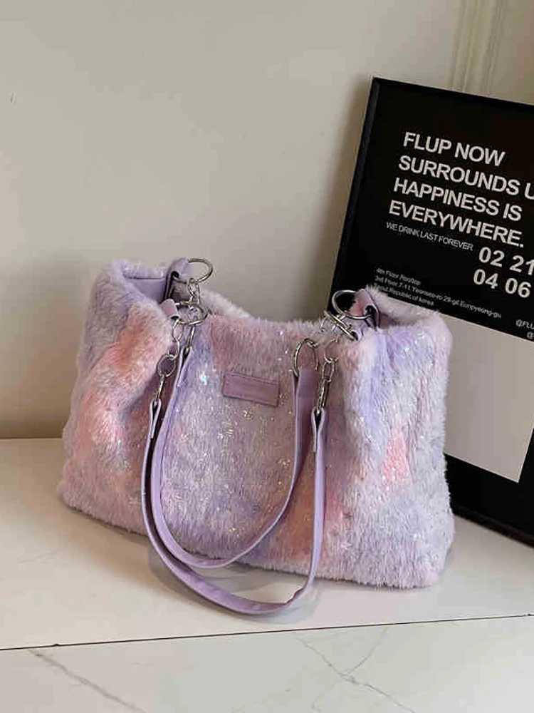 Chic Plush Sequin Tote Bags Women Winter New Large Capacity Versatile Lovely Underarm Bags Trend Rainbow One Shoulder Handbags