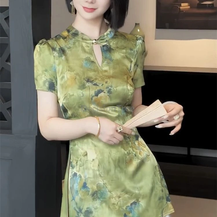Summer Chinese Style Improved Women Cheongsam Blouse Green Printing Short Sleeve Shirt Casual Daily Lady Stand Collar Top
