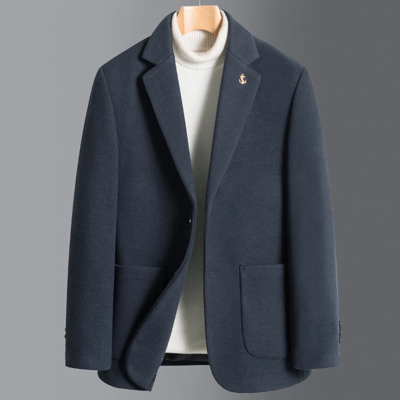 2024 New Arrival Men Sheep Wool Tweed Blazers Blue Gray Black Plain Colour Outfits Winter Autumn Clothings Male Office Attire